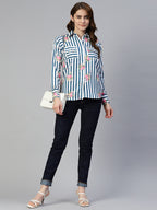 Jainish Women's Striped Double Pocket Shirt Style Top - Blue