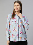 Jainish Women's Floral Double Pocket Shirt Style Top - Grey