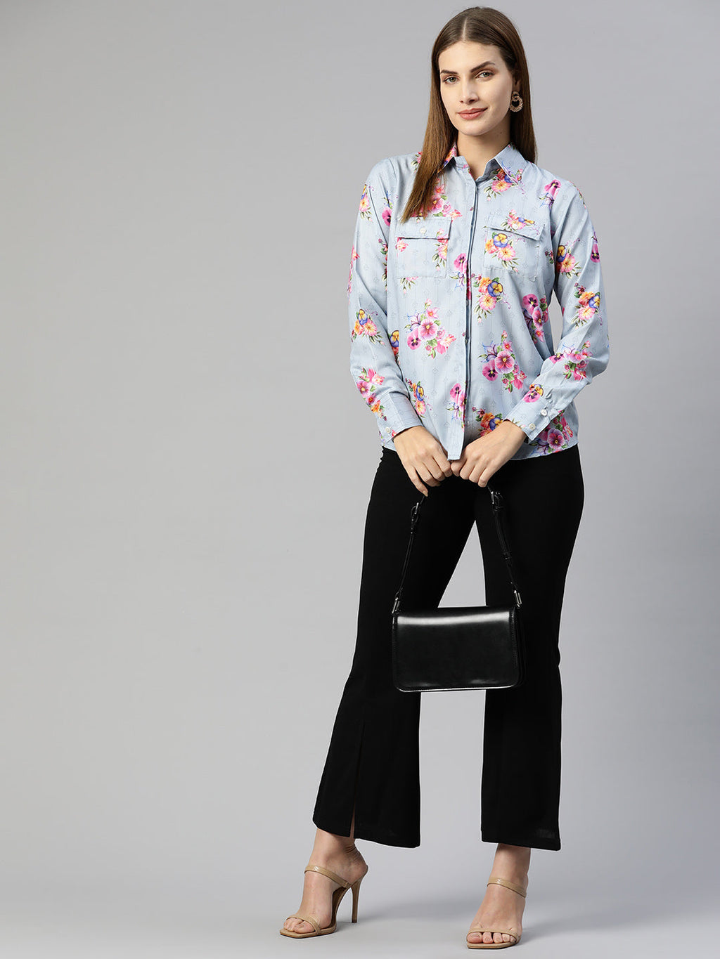 Jainish Women's Floral Double Pocket Shirt Style Top - Grey