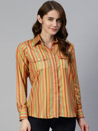 Jainish Women's Striped Double Pocket Shirt Style Top - Lime