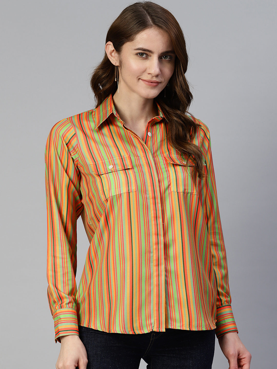 Jainish Women's Striped Double Pocket Shirt Style Top - Lime