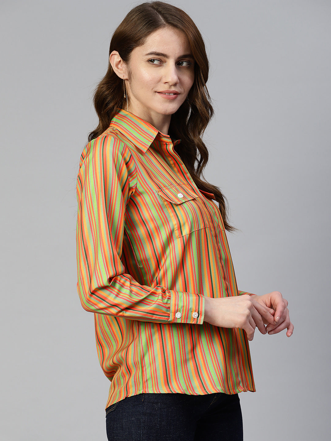Jainish Women's Striped Double Pocket Shirt Style Top - Lime