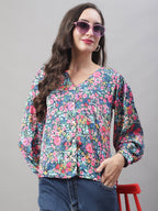 Jainish Women's Blue Printed Shirt Style Top