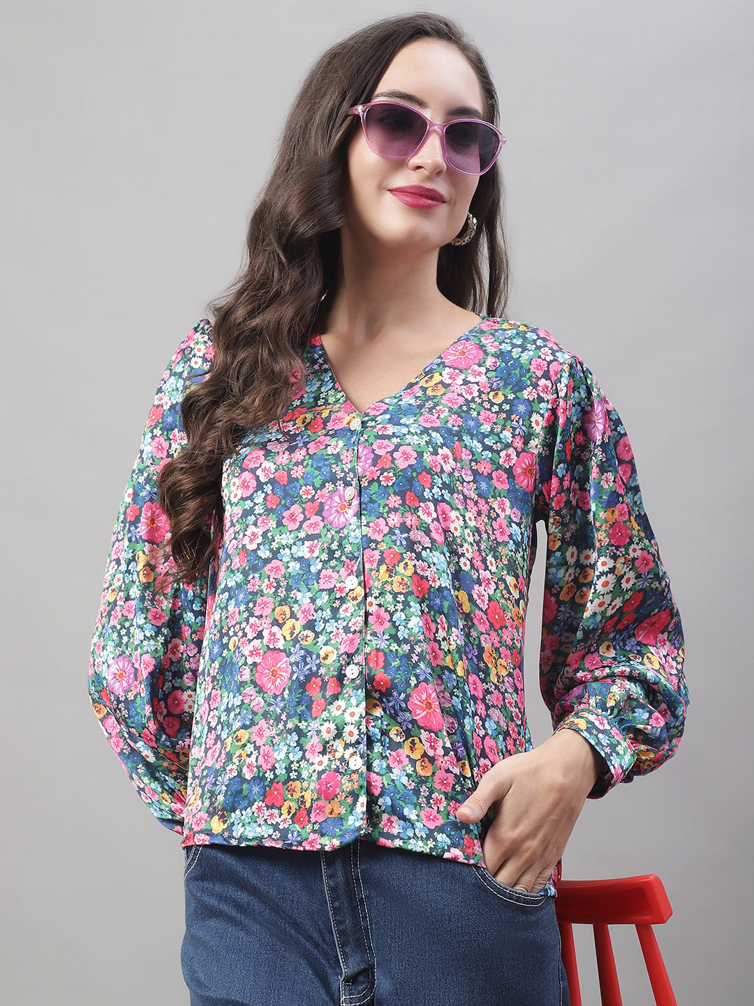 Jainish Women's Blue Printed Shirt Style Top