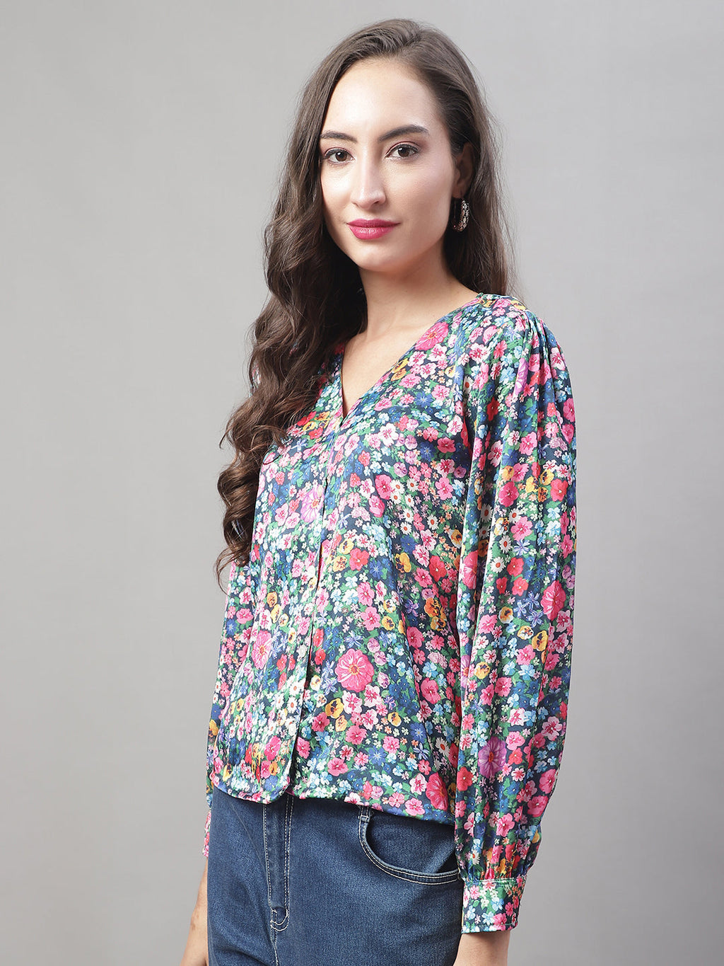 Jainish Women's Blue Printed Shirt Style Top
