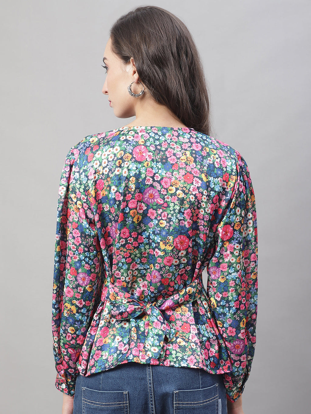 Jainish Women's Blue Printed Shirt Style Top