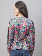 Jainish Women's Blue Printed Shirt Style Top
