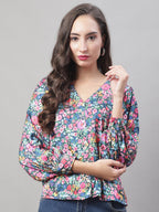 Jainish Women's Blue Printed Shirt Style Top