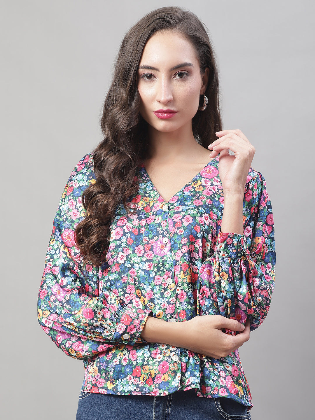 Jainish Women's Blue Printed Shirt Style Top
