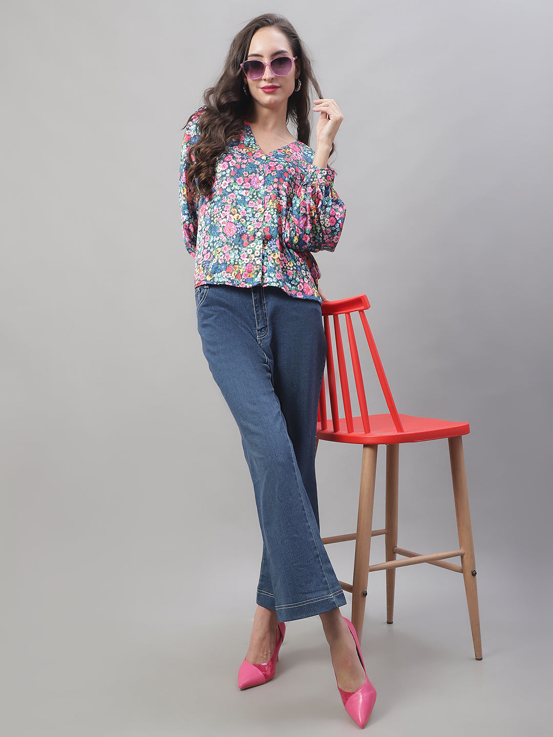 Jainish Women's Blue Printed Shirt Style Top