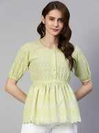 Jainish Women's Chikankari Work Empire Top - Green