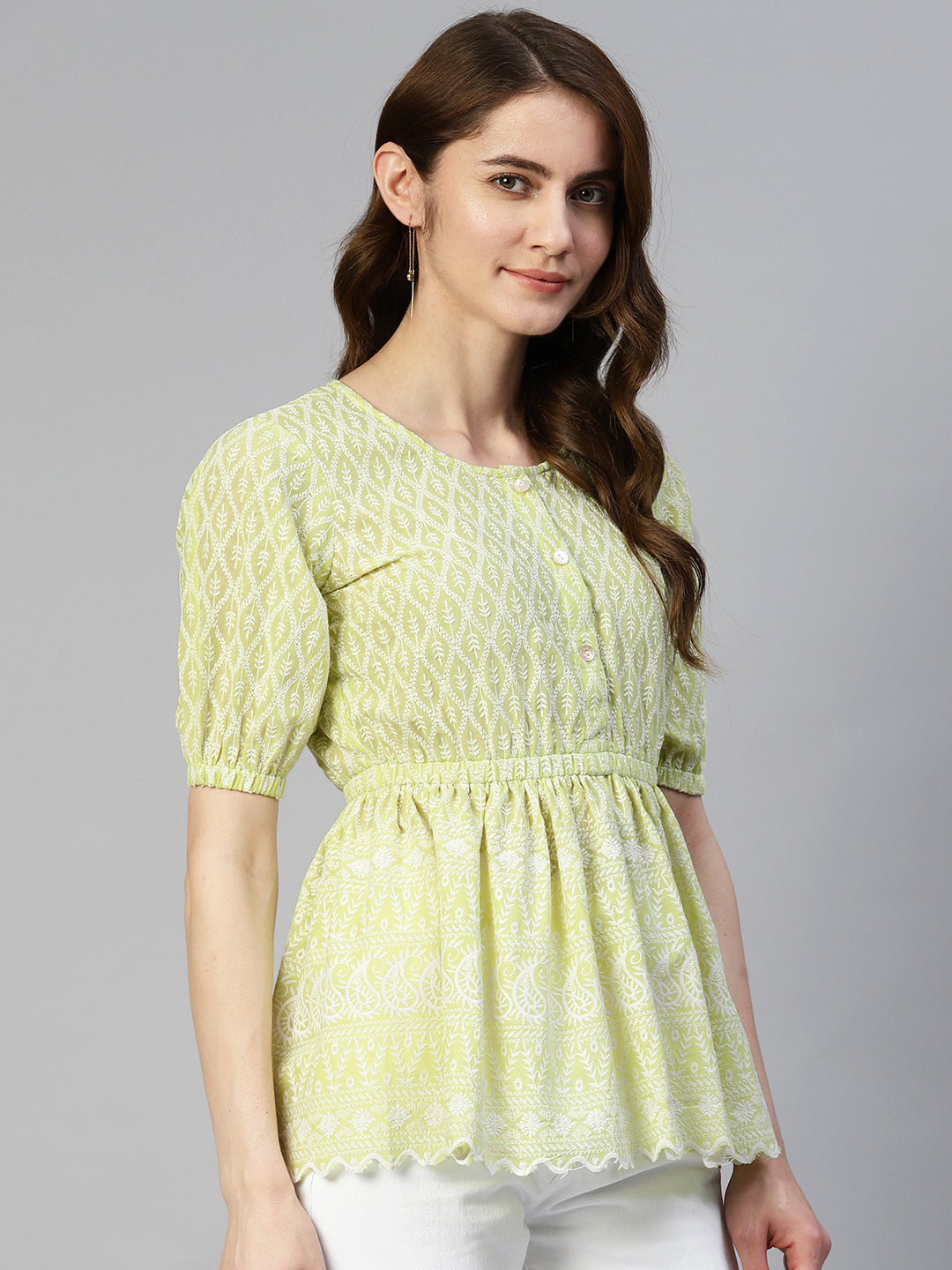 Jainish Women's Chikankari Work Empire Top - Green