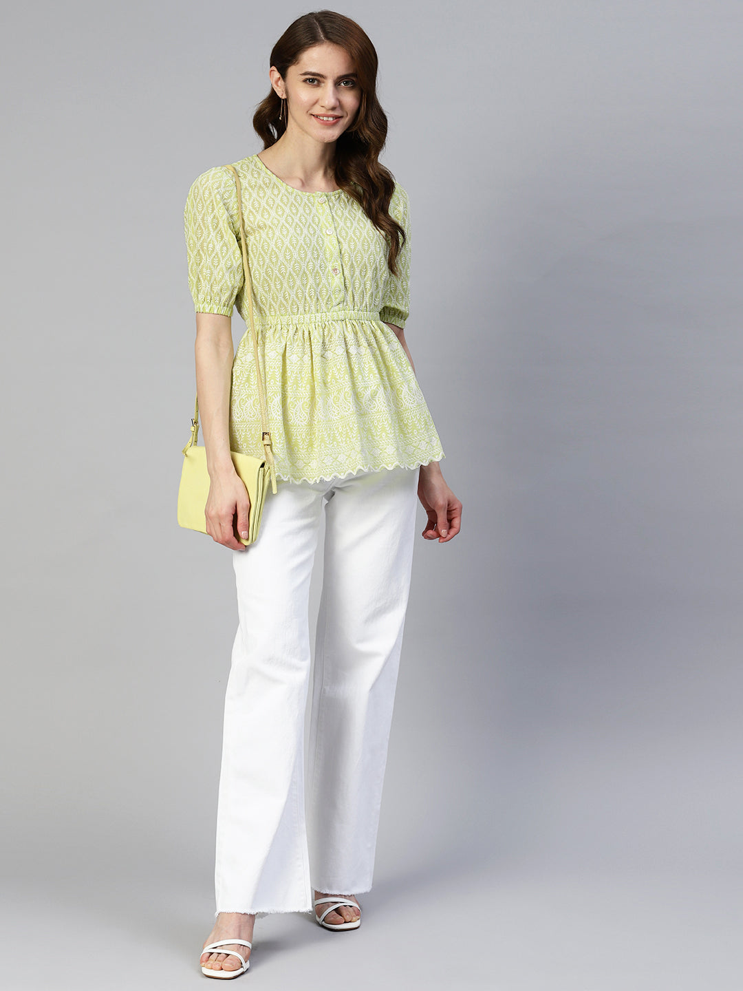 Jainish Women's Chikankari Work Empire Top - Green