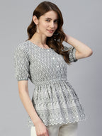 Jainish Women's Chikankari Work Empire Top - Grey