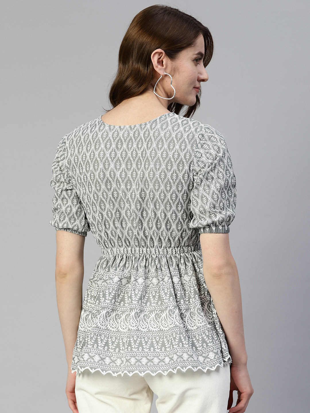Jainish Women's Chikankari Work Empire Top - Grey
