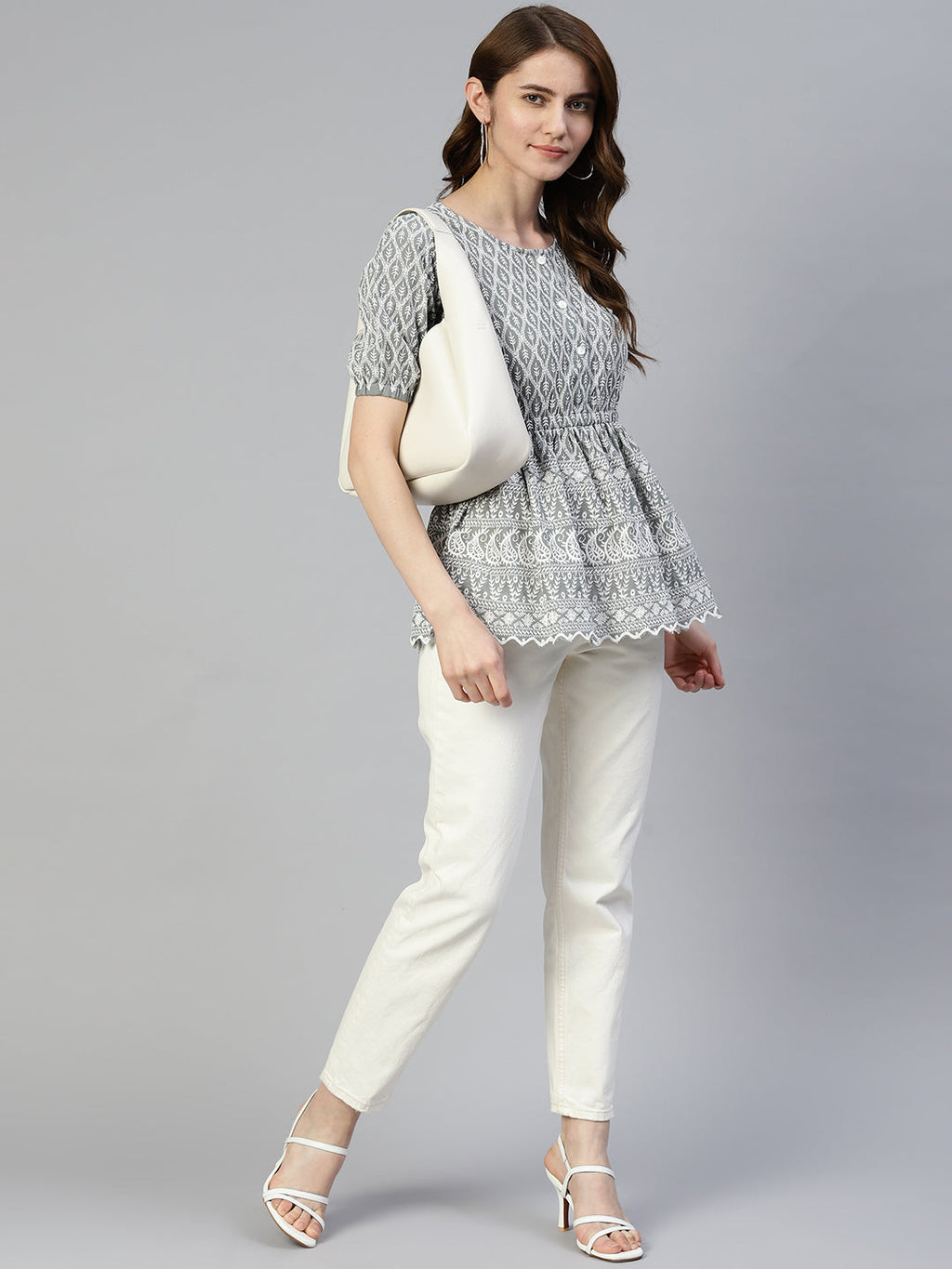 Jainish Women's Chikankari Work Empire Top - Grey