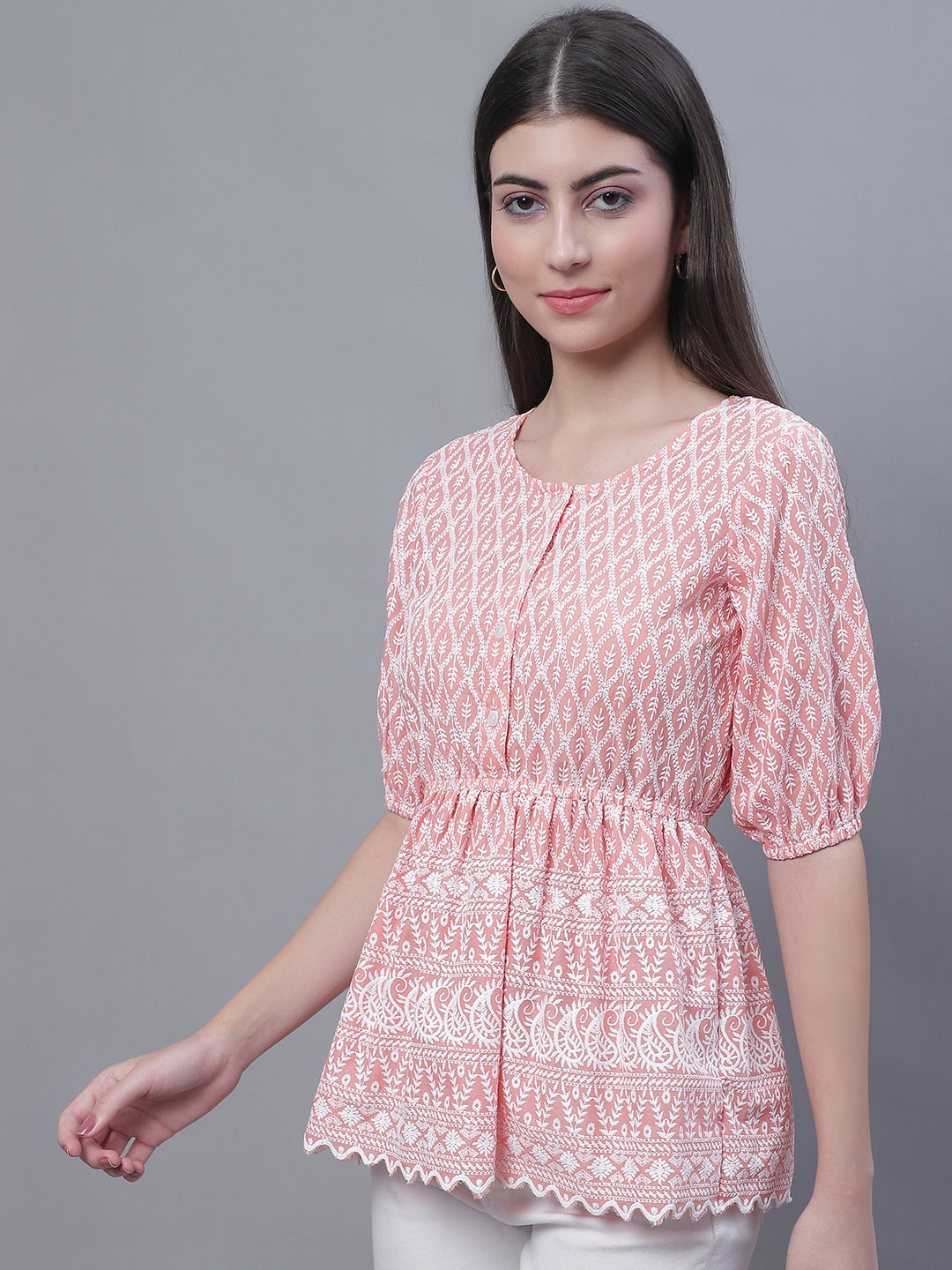 Jainish Women's WoChikankari Work Empire Top - Orange