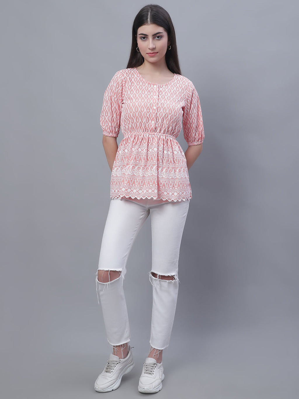 Jainish Women's WoChikankari Work Empire Top - Orange