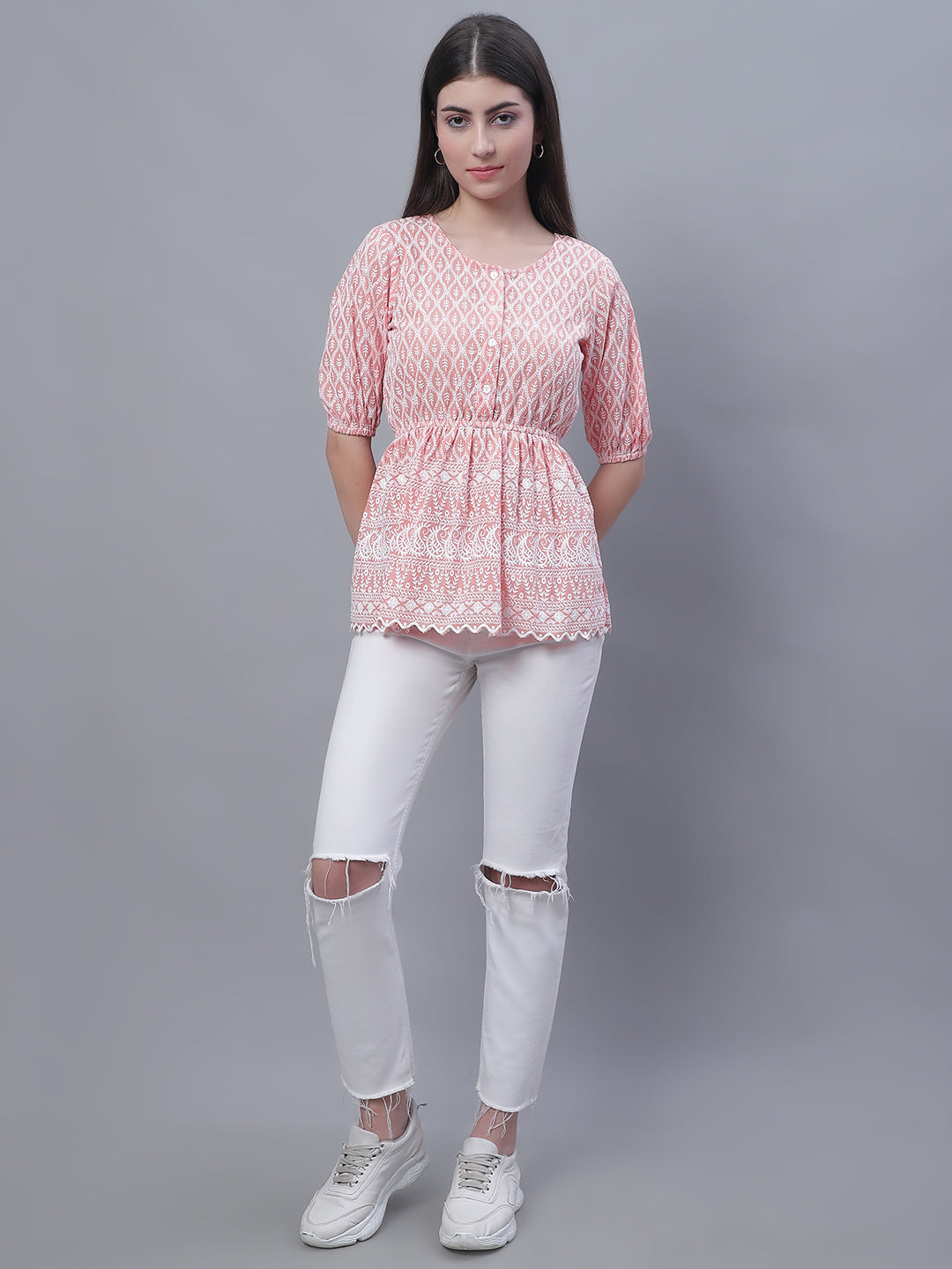 Jainish Women's WoChikankari Work Empire Top - Orange