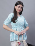 Jainish Women's WoChikankari Work Empire Top - Sky Blue