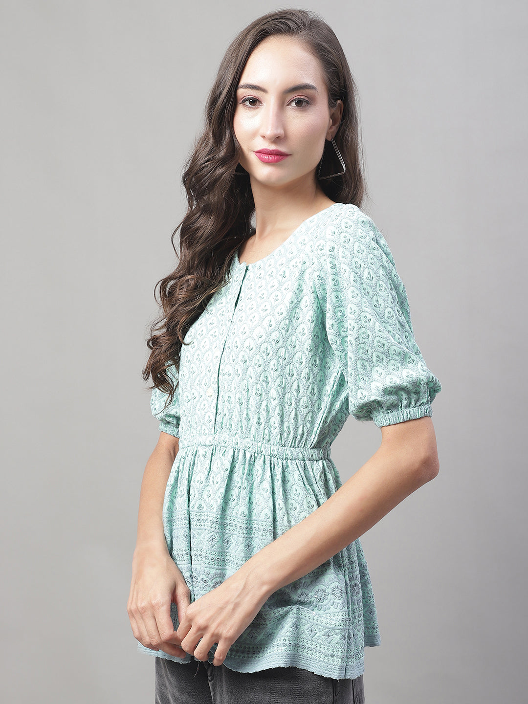Jainish Women's WoChikankari Work Empire Top - Sky Blue