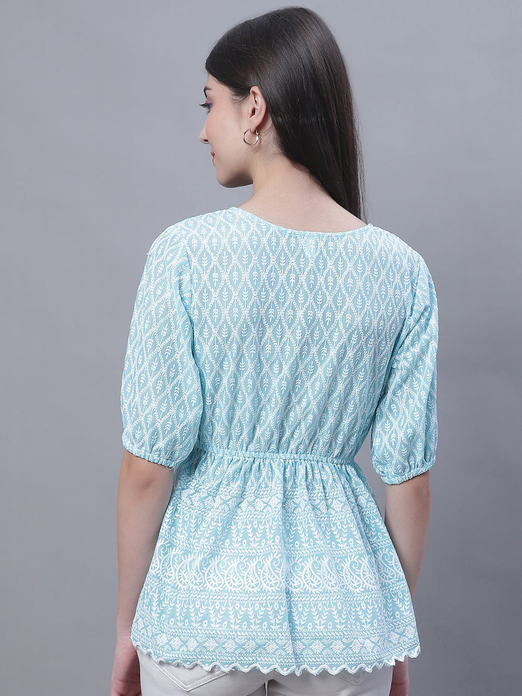 Jainish Women's WoChikankari Work Empire Top - Sky Blue