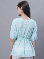 Jainish Women's WoChikankari Work Empire Top - Sky Blue