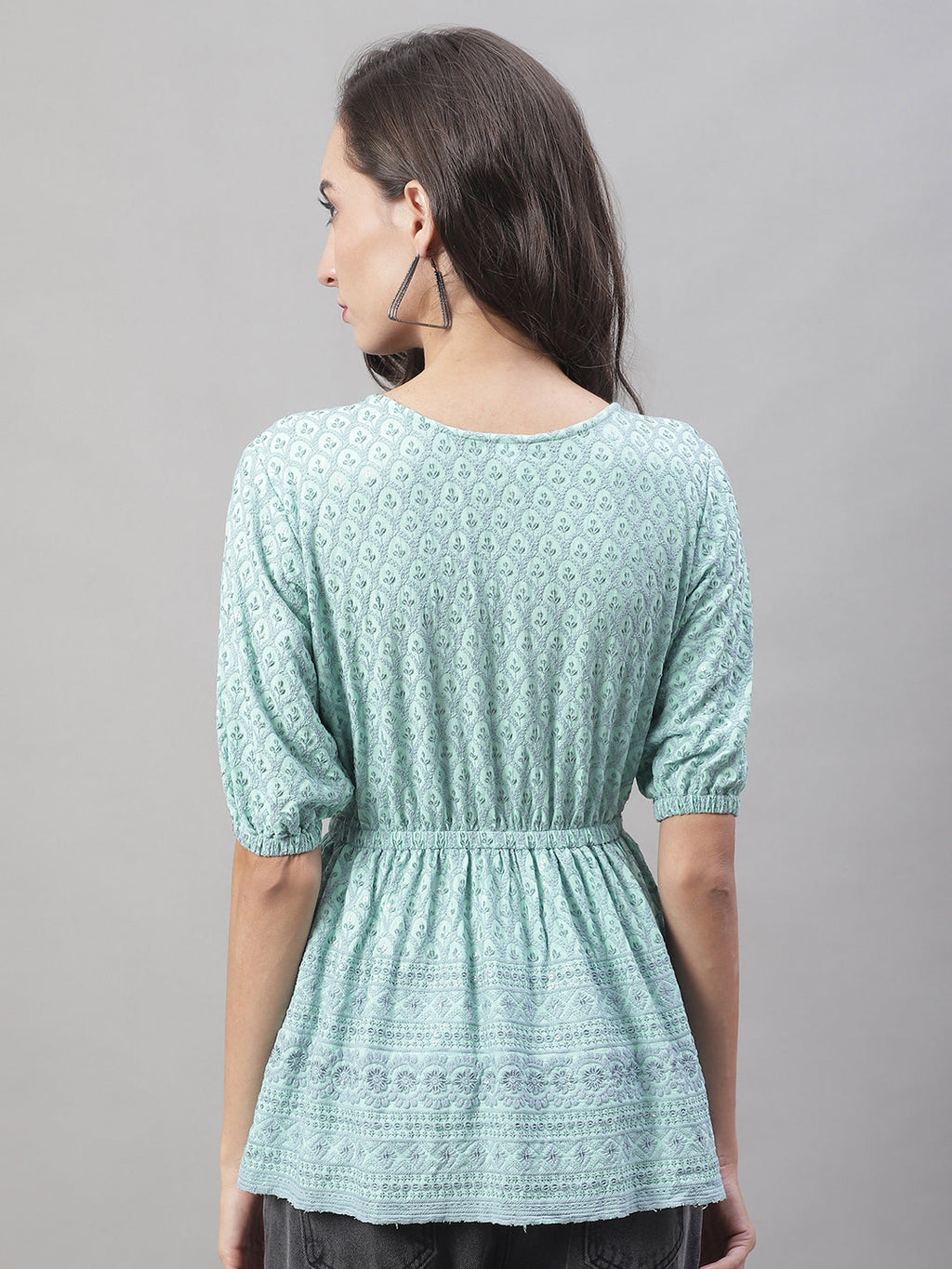 Jainish Women's WoChikankari Work Empire Top - Sky Blue