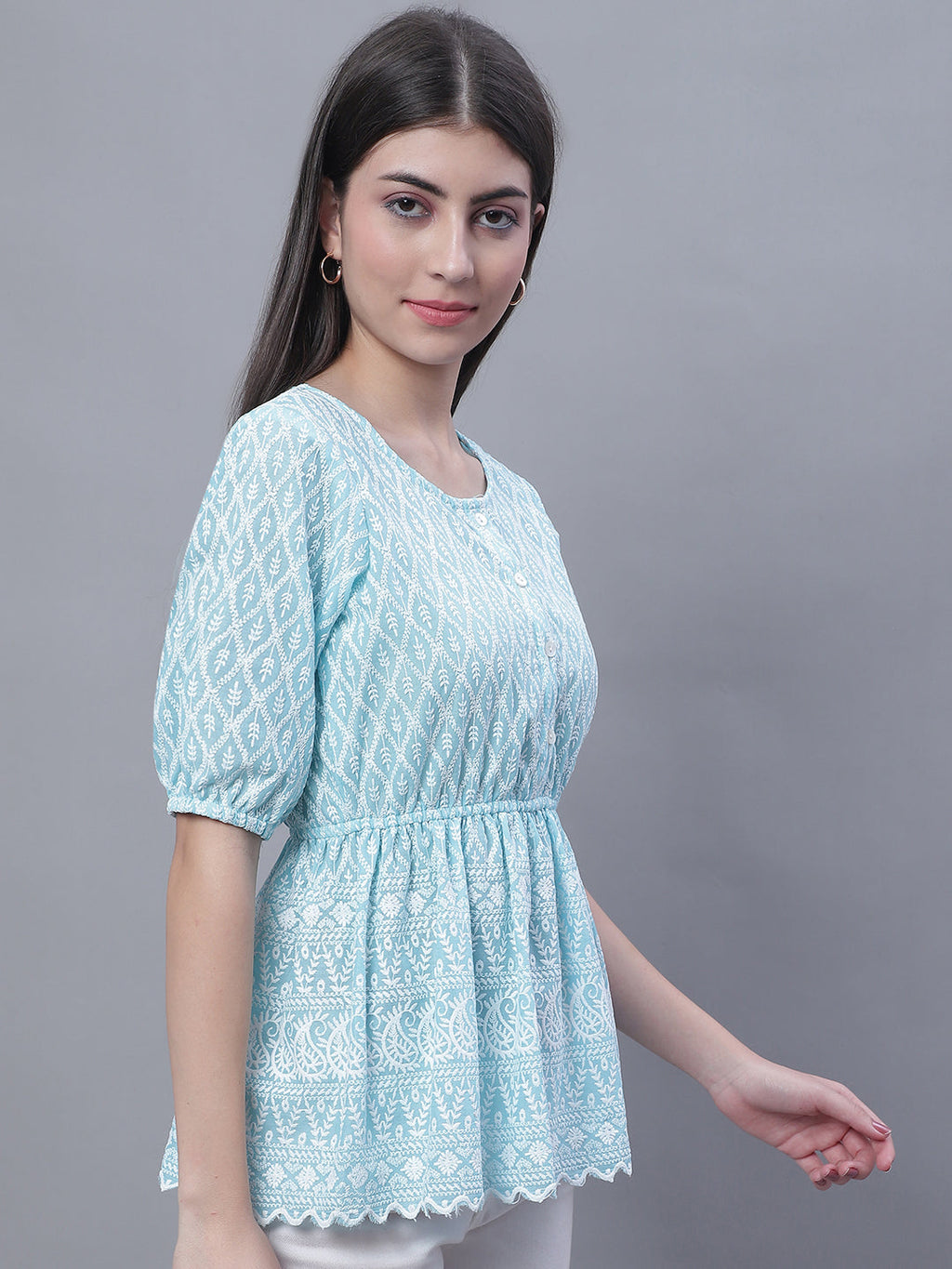 Jainish Women's WoChikankari Work Empire Top - Sky Blue