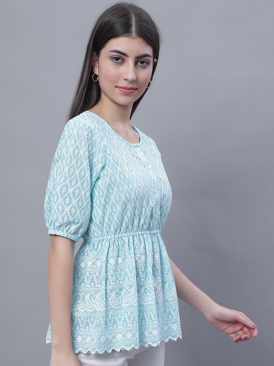 Jainish Women's WoChikankari Work Empire Top - Sky Blue