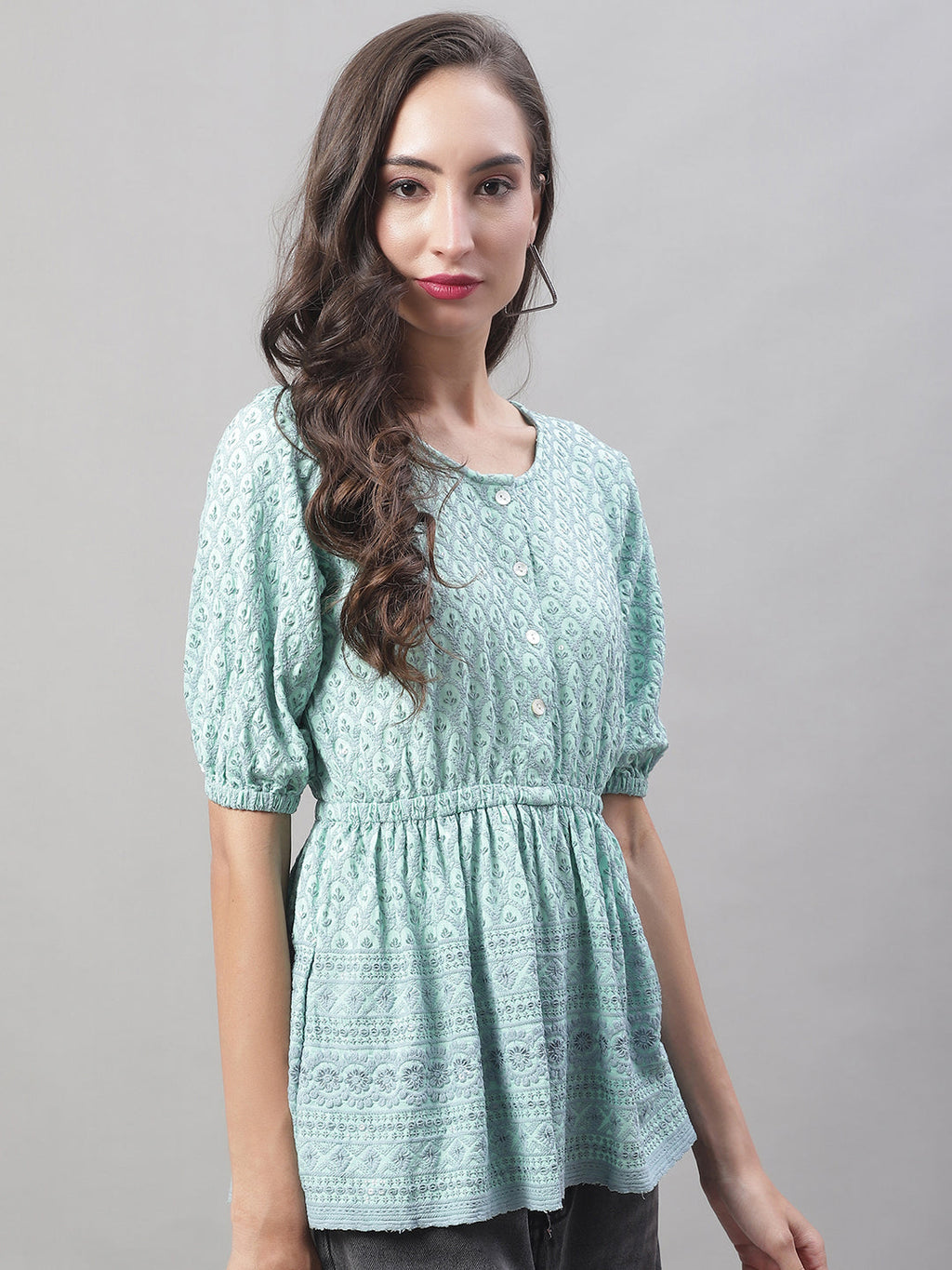 Jainish Women's WoChikankari Work Empire Top - Sky Blue