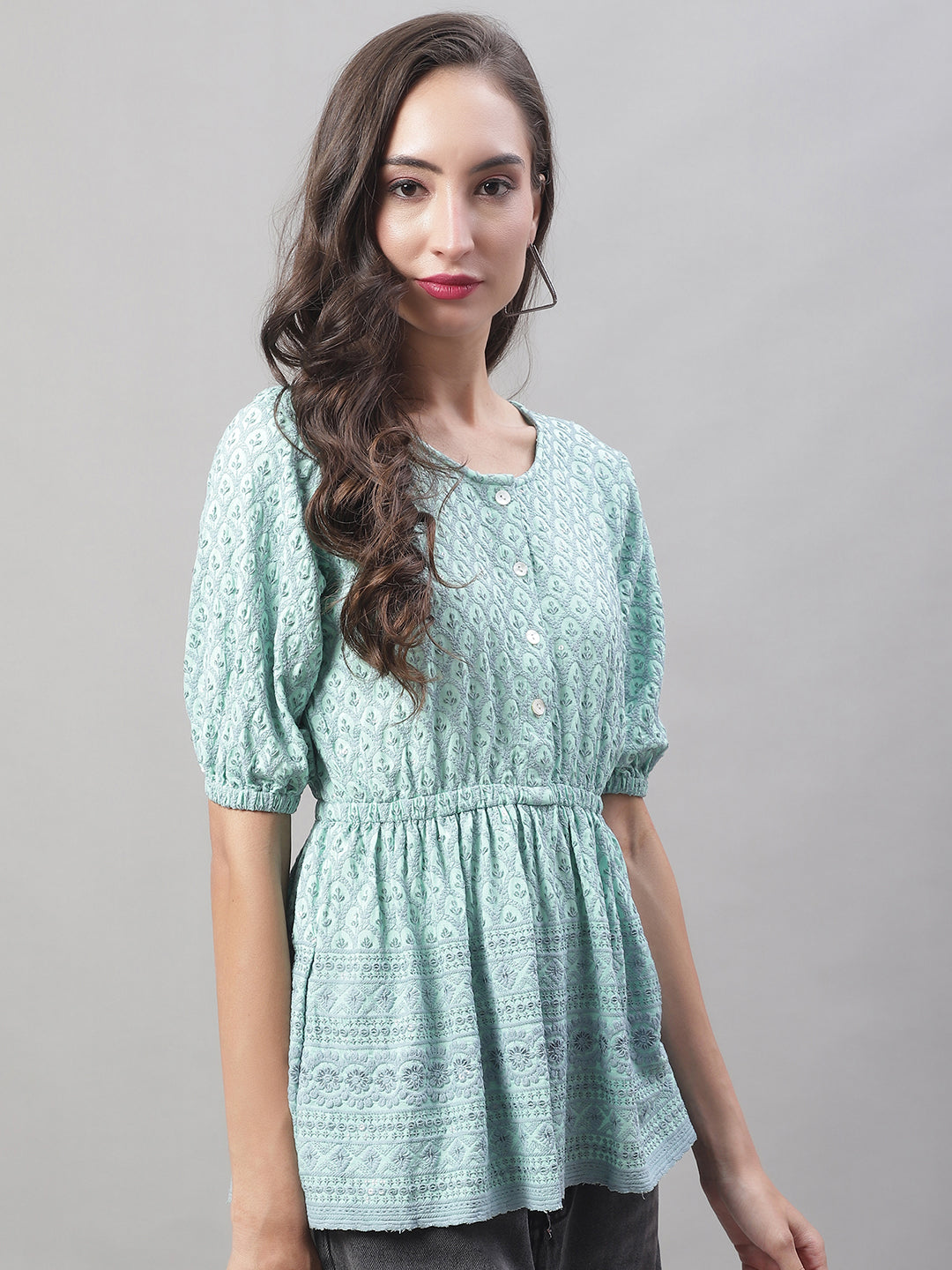 Jainish Women's WoChikankari Work Empire Top - Sky Blue