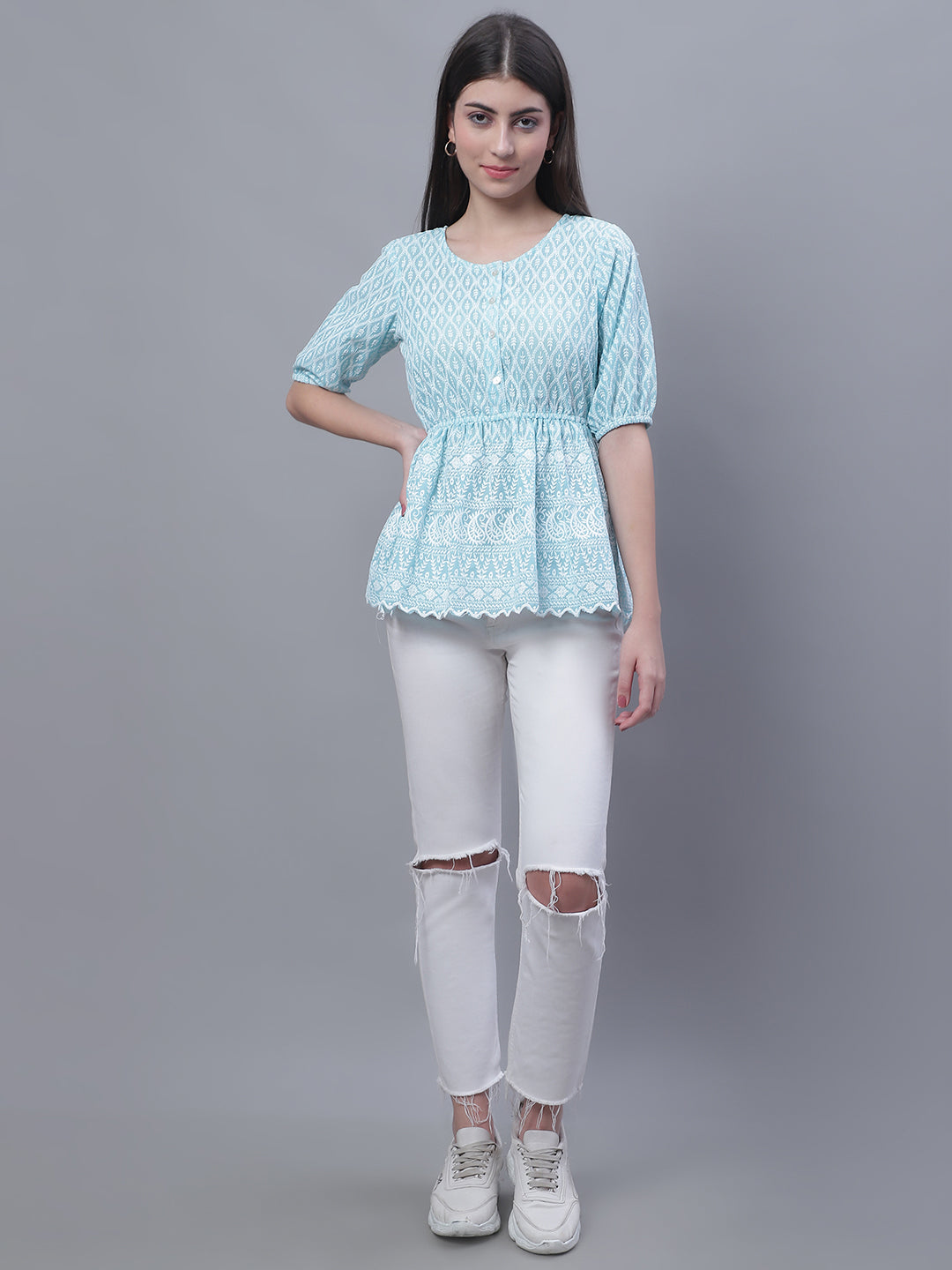 Jainish Women's WoChikankari Work Empire Top - Sky Blue