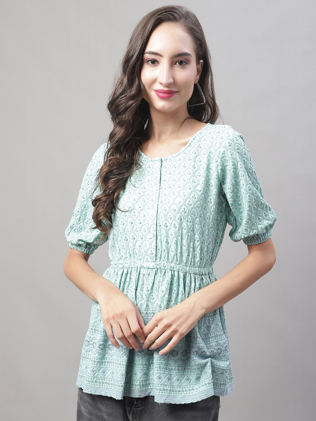 Jainish Women's WoChikankari Work Empire Top - Sky Blue