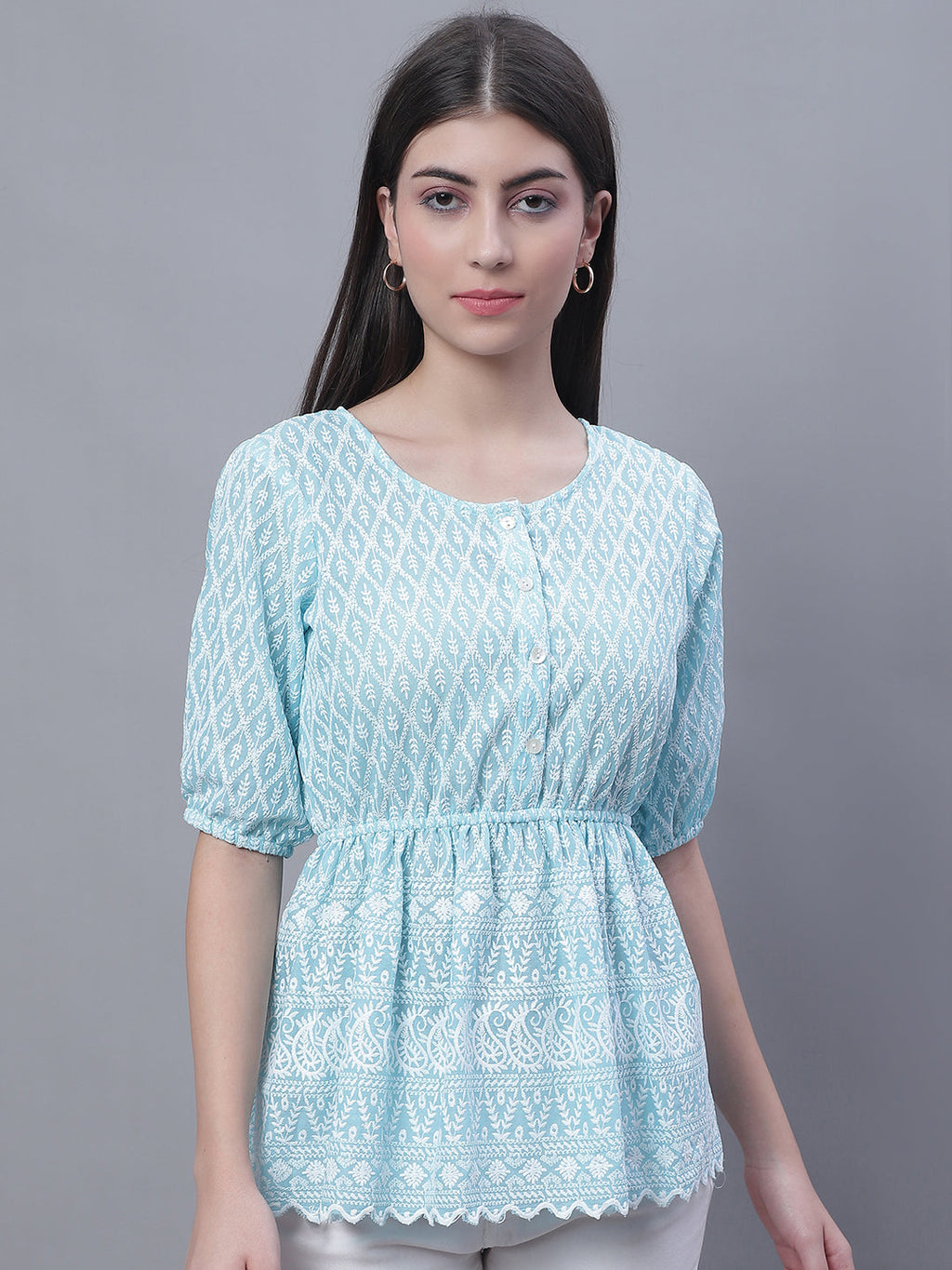 Jainish Women's WoChikankari Work Empire Top - Sky Blue