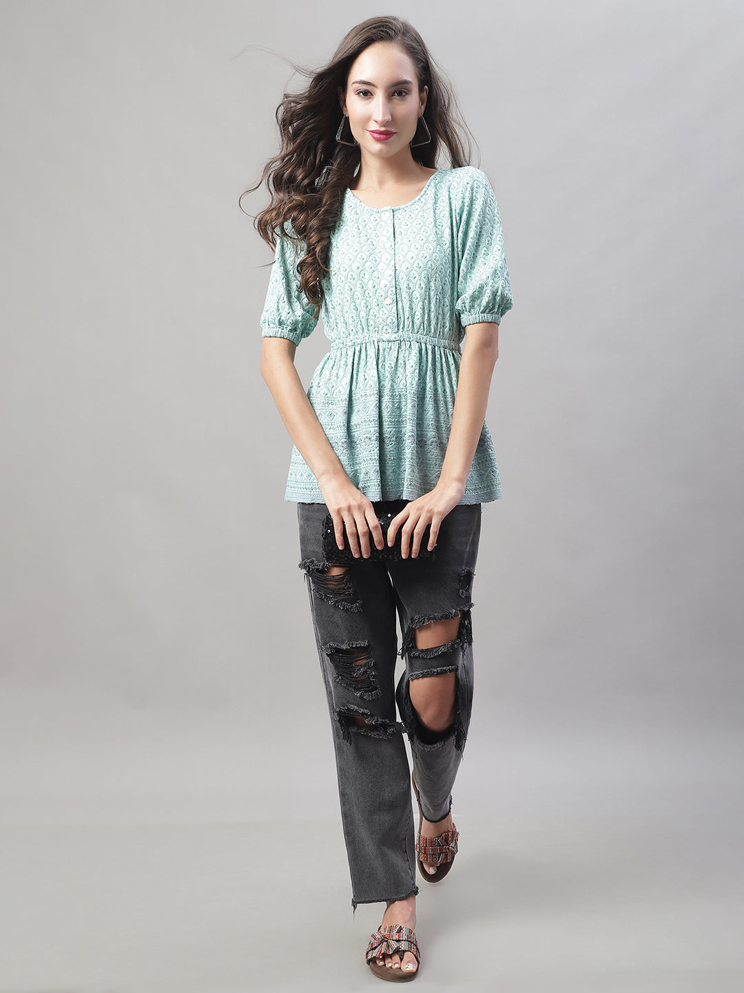 Jainish Women's WoChikankari Work Empire Top - Sky Blue