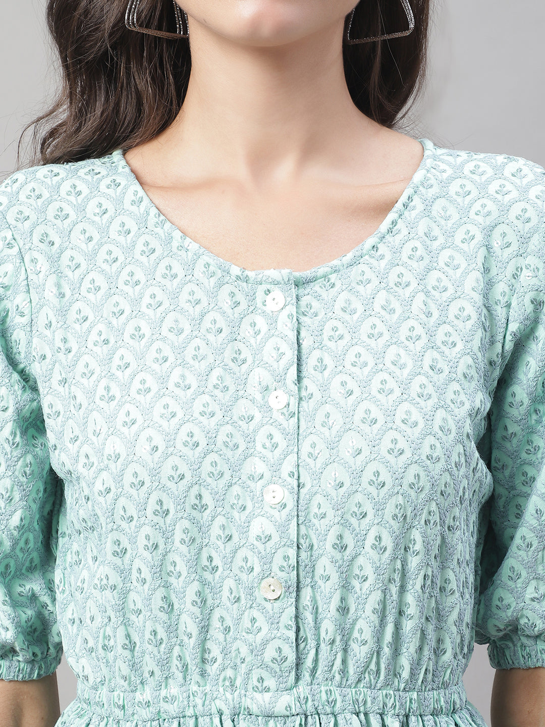 Jainish Women's WoChikankari Work Empire Top - Sky Blue