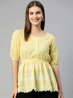 Jainish Women's Chikankari Work Empire Top - Yellow