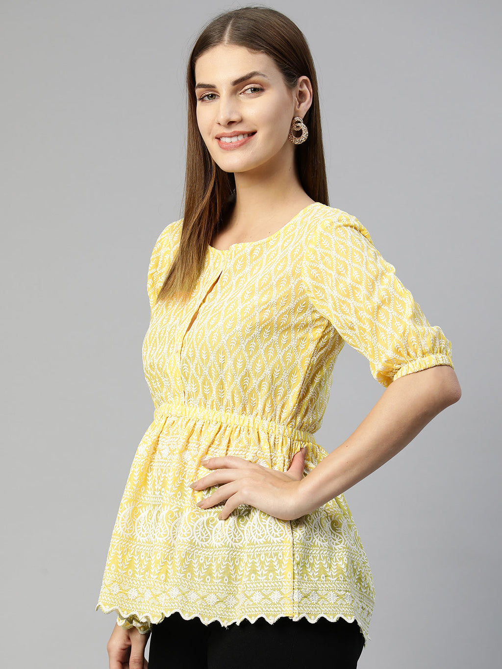 Jainish Women's Chikankari Work Empire Top - Yellow