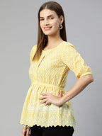 Jainish Women's Chikankari Work Empire Top - Yellow