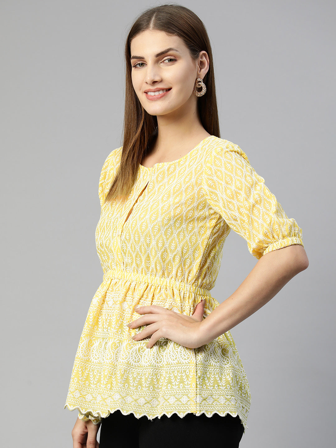 Jainish Women's Chikankari Work Empire Top - Yellow