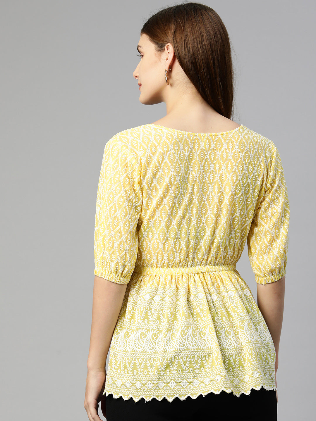 Jainish Women's Chikankari Work Empire Top - Yellow