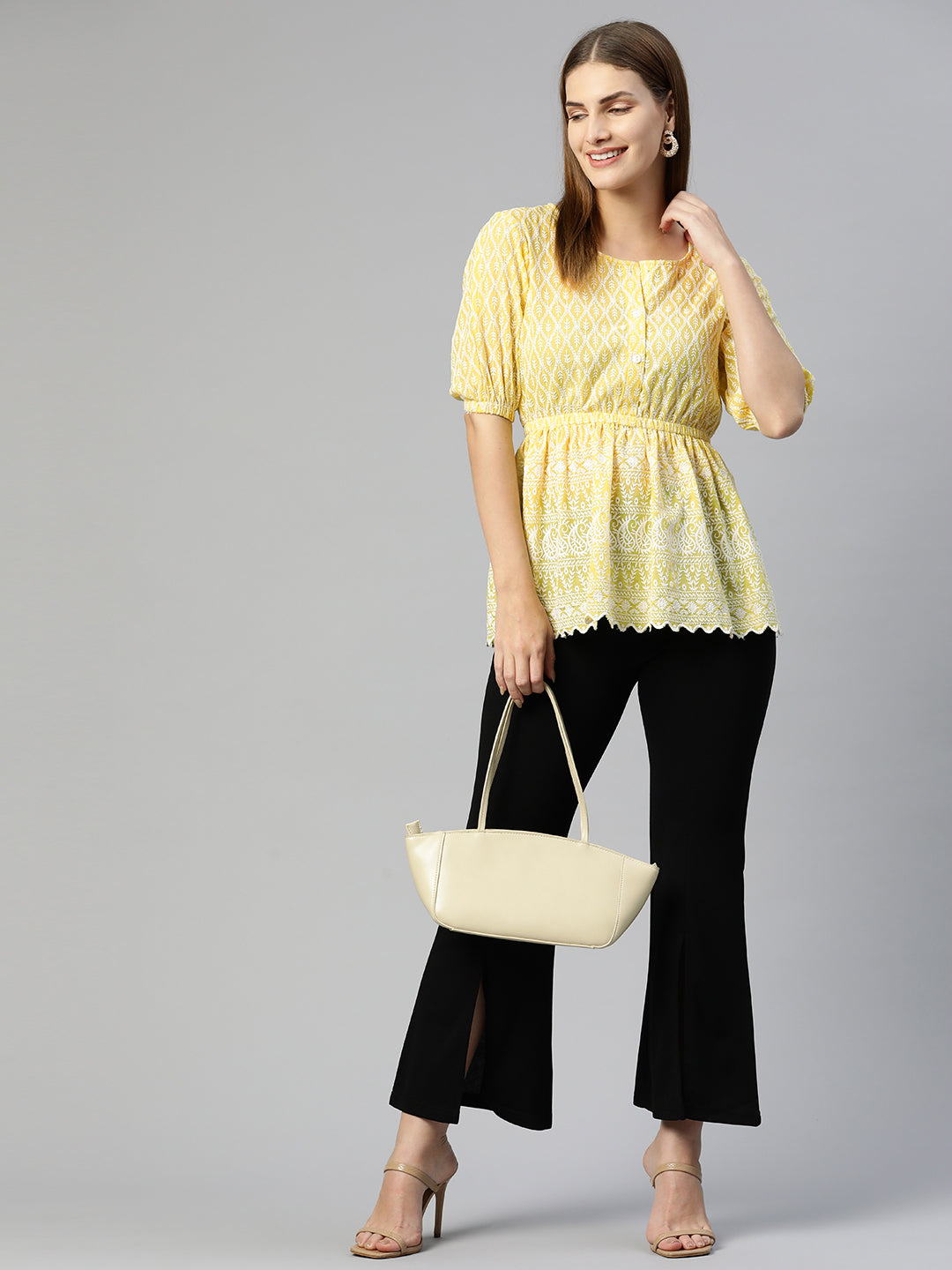 Jainish Women's Chikankari Work Empire Top - Yellow