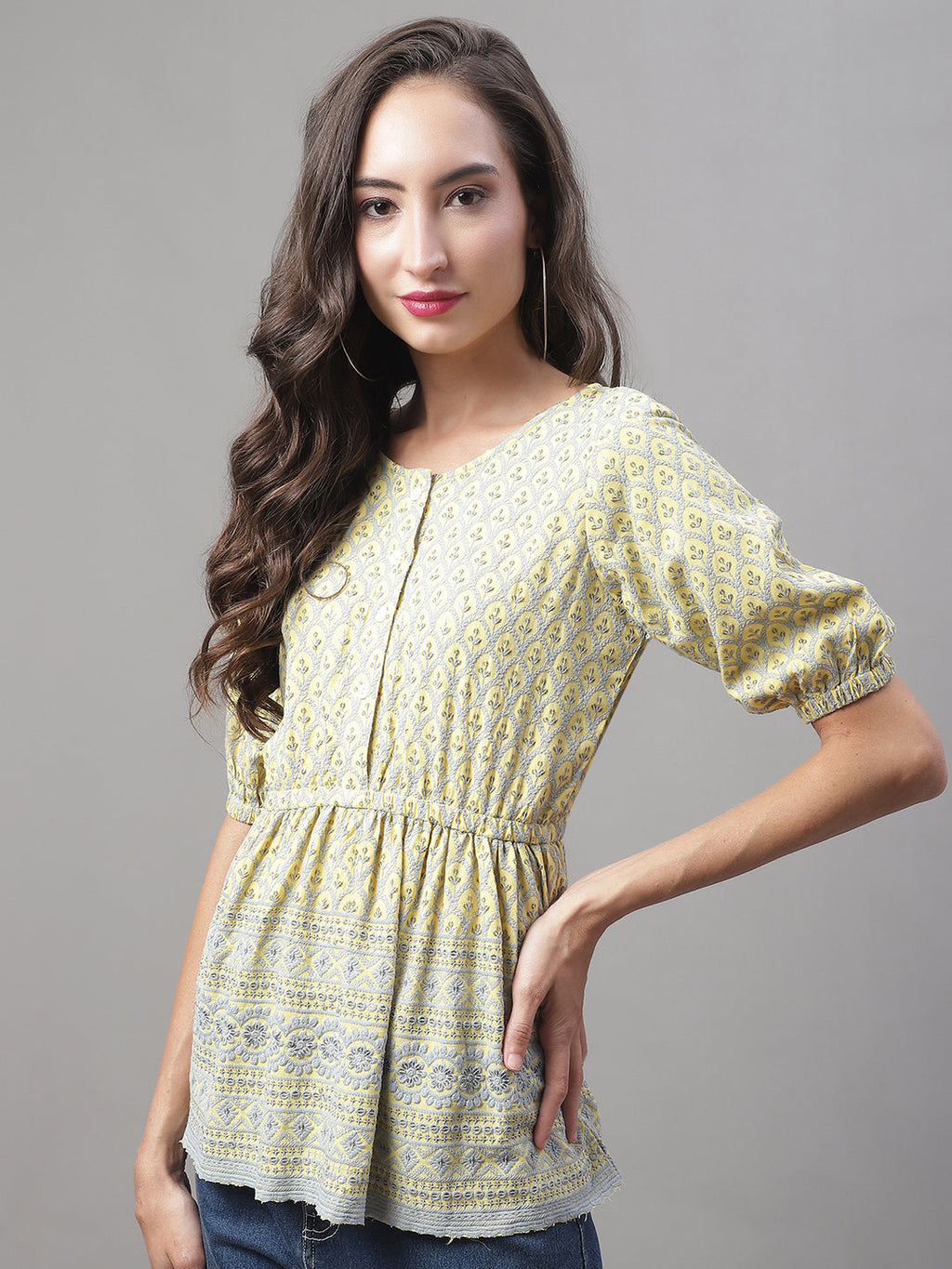 Jainish Women's WoChikankari Work Empire Top - Lemon