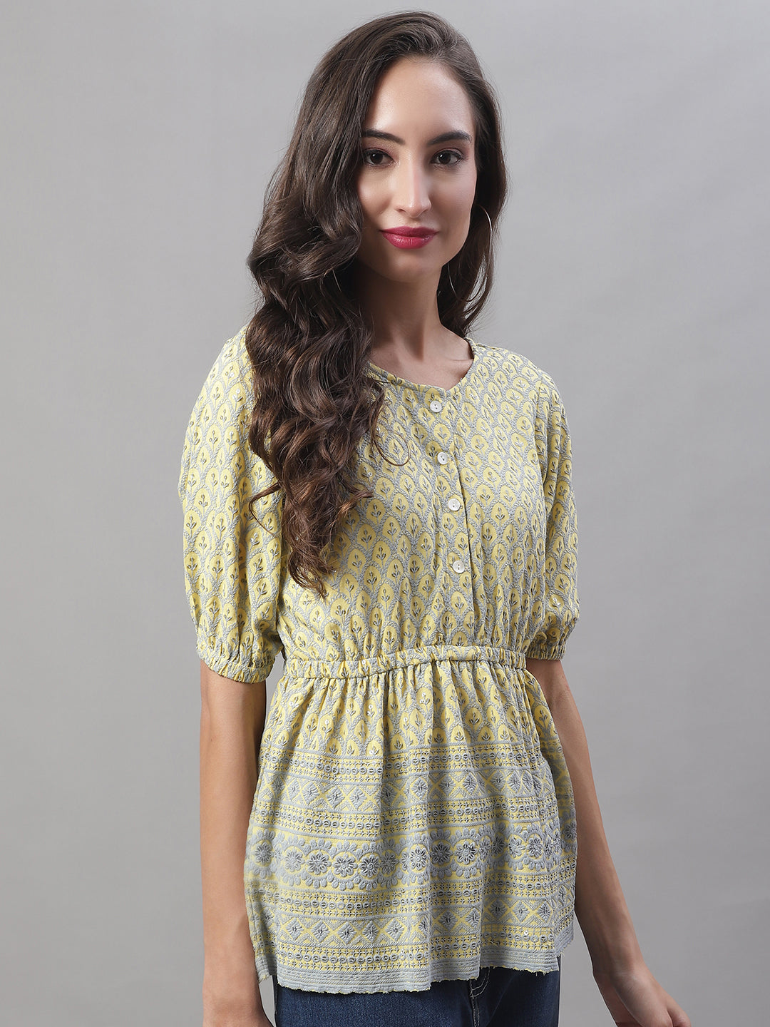 Jainish Women's WoChikankari Work Empire Top - Lemon