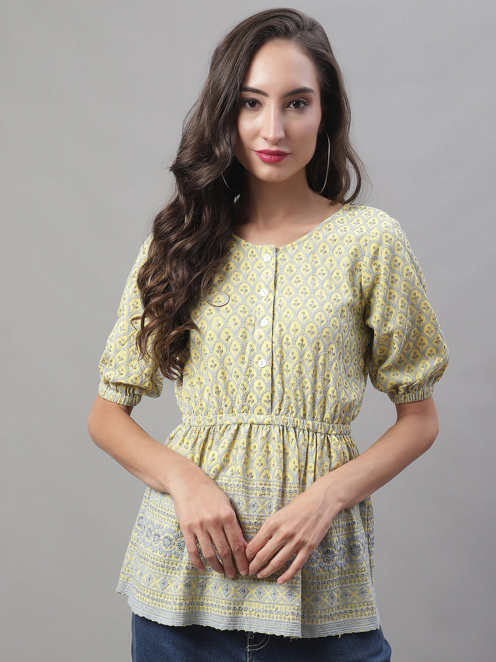 Jainish Women's WoChikankari Work Empire Top - Lemon