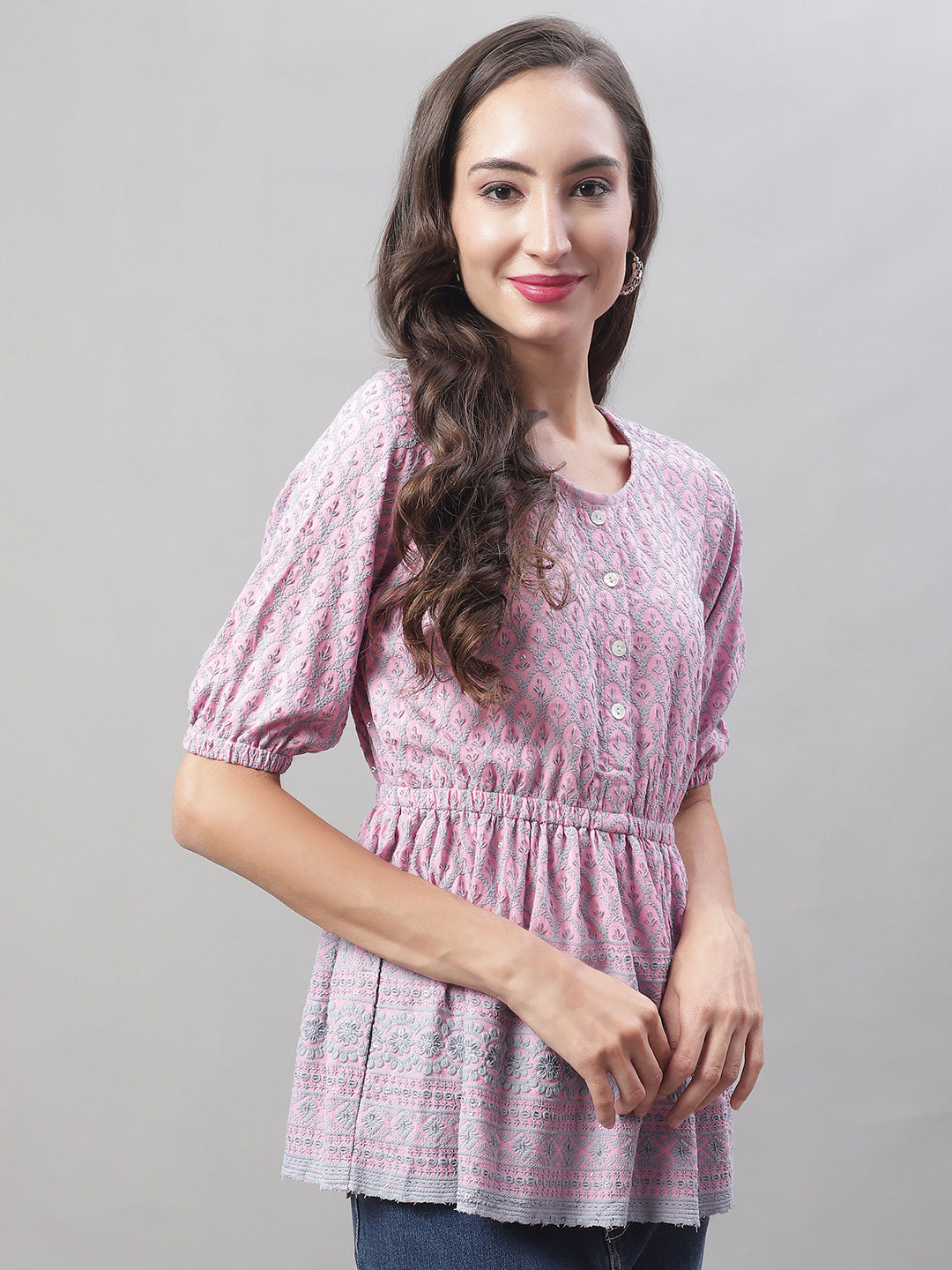 Jainish Women's WoChikankari Work Empire Top - Magenta