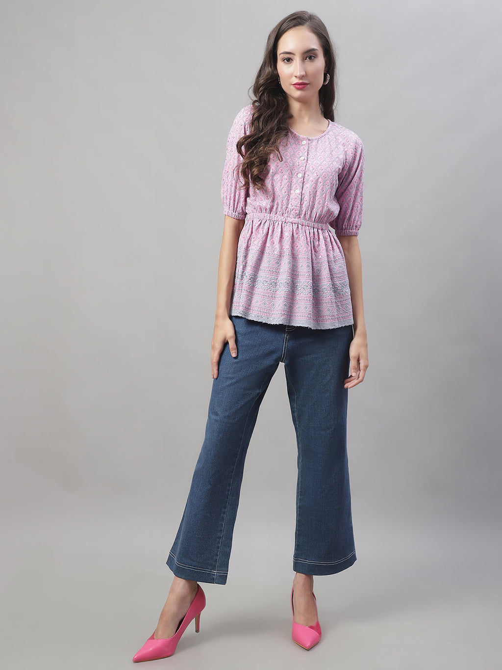 Jainish Women's WoChikankari Work Empire Top - Magenta