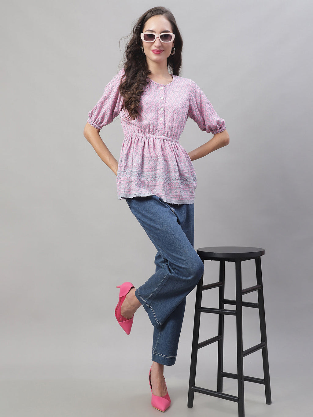 Jainish Women's WoChikankari Work Empire Top - Magenta