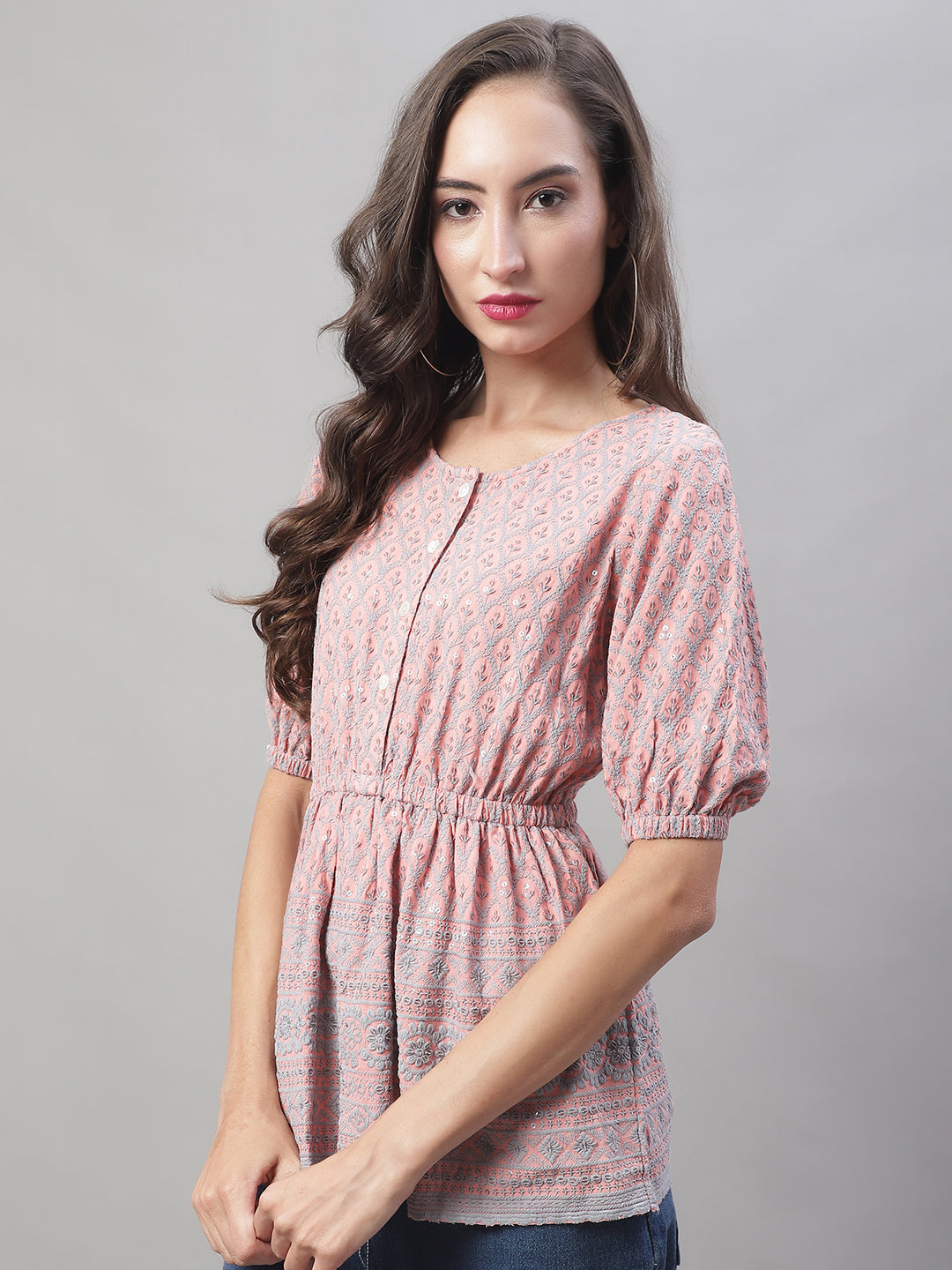 Jainish Women's WoChikankari Work Empire Top - Peach